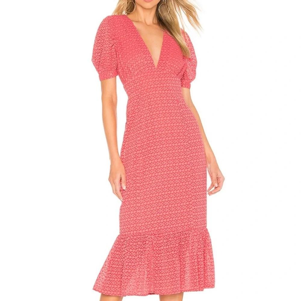 Tularosa Midi Dress Women Size L Coral Pink Geometric Puff Sleeve V-Neck Ruffle